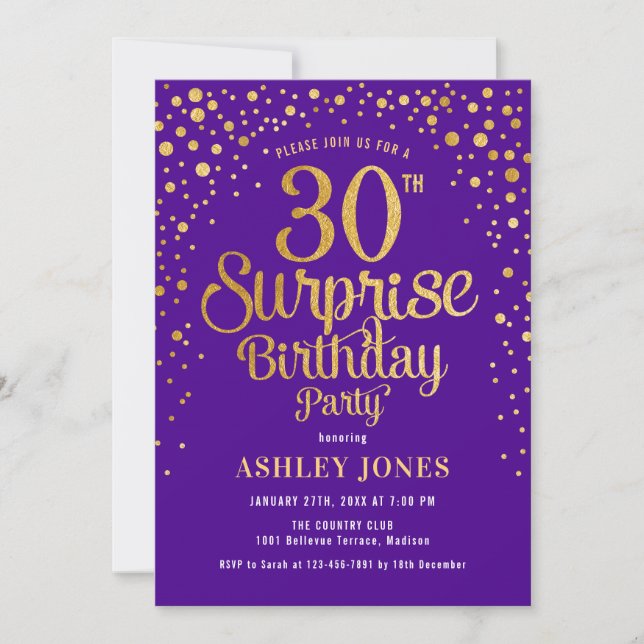 Invitación Sorpresa 30 Fiesta de cumpleaños - Morado y Oro (Anverso)