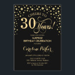 Invitación Sorpresa 30 Fiesta de cumpleaños - Negro de oro<br><div class="desc">Sorpresa 30.ª Invitación a la fiesta de cumpleaños. Diseño elegante en oro negro y falso purpurina . Presenta el tipo de letra de guión y los diamantes confetti. ¡Salud a 30 años! Mándame un mensaje si necesitas más personalización.</div>