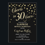 Invitación Sorpresa 30 Fiesta de cumpleaños - Negro de oro<br><div class="desc">Sorpresa 30th Birthday Party Invitation Elegante diseño con falso oro purpurina y negro. Presenta el tipo de letra del guión y el perfil. ¡Salud a 30 años! Mándame un mensaje si necesitas una edad personalizado.</div>