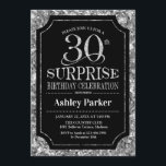 Invitación Sorpresa 30 Fiesta de cumpleaños - negro plateado<br><div class="desc">Invitación a la celebración de cumpleaños número 30 de sorpresa. Elegante diseño elegante en negro y falso purpurina plateado. Presenta una fuente de script elegante. Mándame un mensaje si necesitas más personalización.</div>