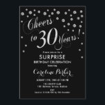 Invitación Sorpresa 30 Fiesta de cumpleaños - negro plateado<br><div class="desc">Sorpresa 30th Birthday Party Invitation Elegante diseño con finas plata purpurina y negro. Presenta el tipo de letra del guión y el perfil. ¡Salud a 30 años! Mándame un mensaje si necesitas una edad personalizado.</div>