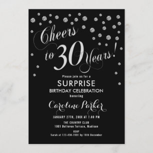 Invitación Sorpresa 30 Fiesta de cumpleaños - negro plateado
