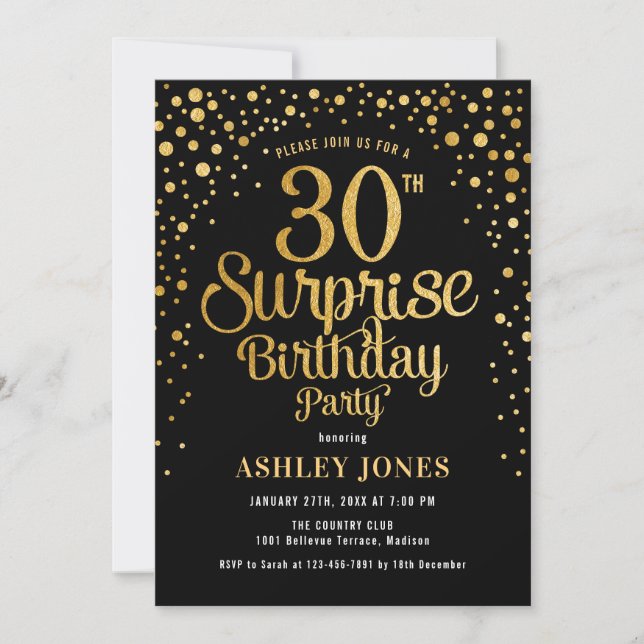 Invitación Sorpresa 30 Fiesta de cumpleaños - Negro y oro (Anverso)