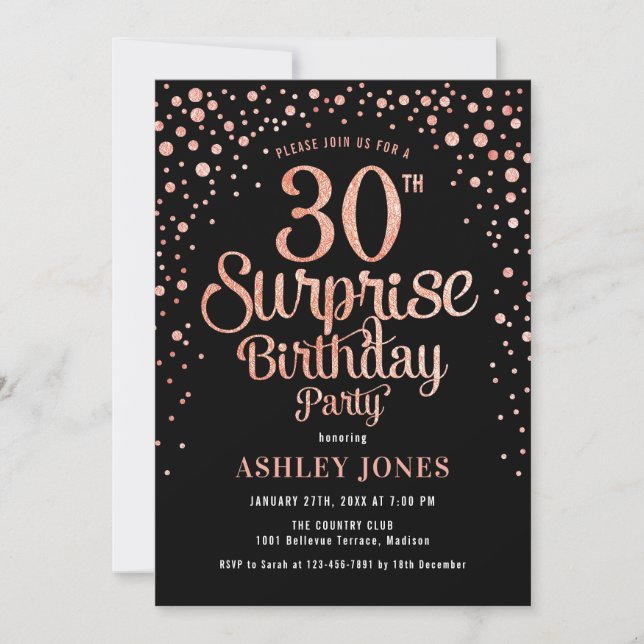 Invitación Sorpresa 30 Fiesta de cumpleaños - Oro negro y Ros (Anverso)