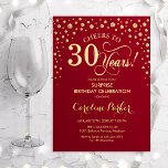 Invitación Sorpresa 30 Fiesta de cumpleaños - Oro Rojo<br><div class="desc">Sorpresa 30.ª Invitación a la fiesta de cumpleaños. Elegante diseño de color rojo oscuro y falso oro purpurina. Presenta el tipo de letra de guión y los diamantes confetti. ¡Salud a 30 años! Mándame un mensaje si necesitas más personalización.</div>