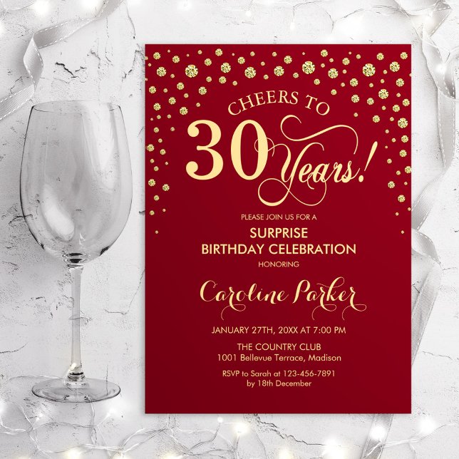 Invitación Sorpresa 30 Fiesta de cumpleaños - Oro Rojo (Subido por el creador)