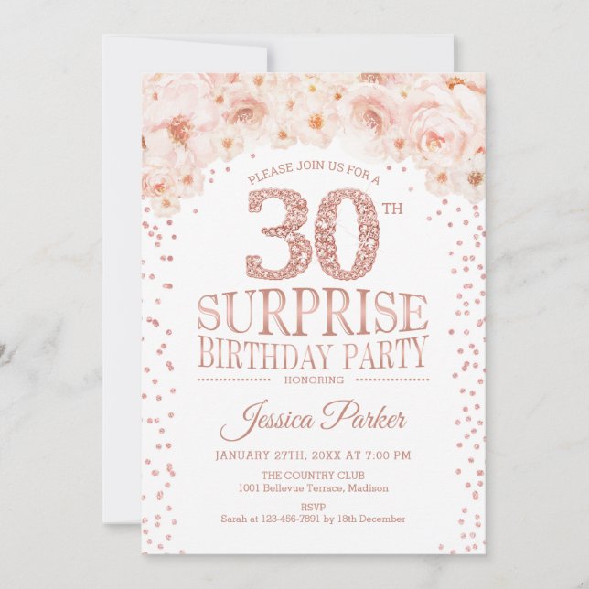 Invitación Sorpresa 30 Fiesta de cumpleaños - Oro rosa blanco (Anverso)