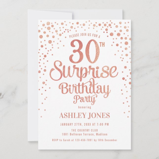 Invitación Sorpresa 30 Fiesta de cumpleaños - Oro y Blanco Ro (Anverso)