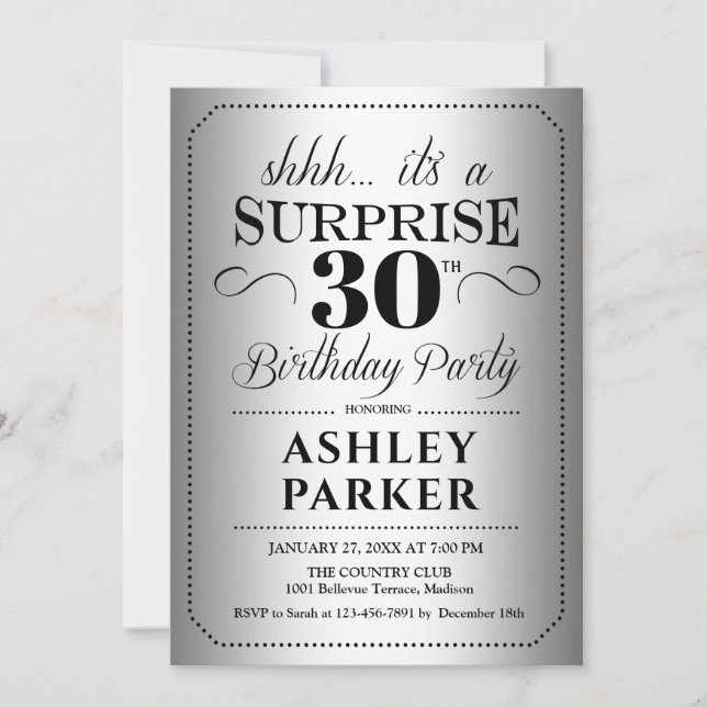 Invitación Sorpresa 30 Fiesta de cumpleaños - Plata (Anverso)