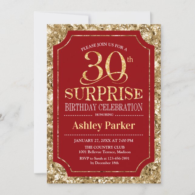 Invitación Sorpresa 30 Fiesta de cumpleaños - Rojo de oro (Anverso)