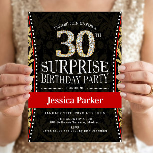 Invitación Sorpresa 30 Fiesta de cumpleaños - Rojo negro dora