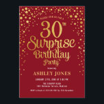 Invitación Sorpresa 30 Fiesta de cumpleaños - Rojo y Oro<br><div class="desc">Sorpresa 30.ª Invitación a la fiesta de cumpleaños. Elegante diseño de color rojo oscuro y falso oro purpurina. Presenta un diseño elegante de tipo de letra y letra de guión. Mándame un mensaje si necesitas edad personalizado.</div>