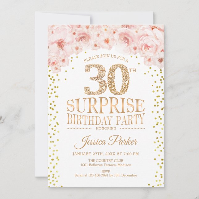 Invitación Sorpresa 30 Fiesta de cumpleaños - Rosa de oro bla (Anverso)