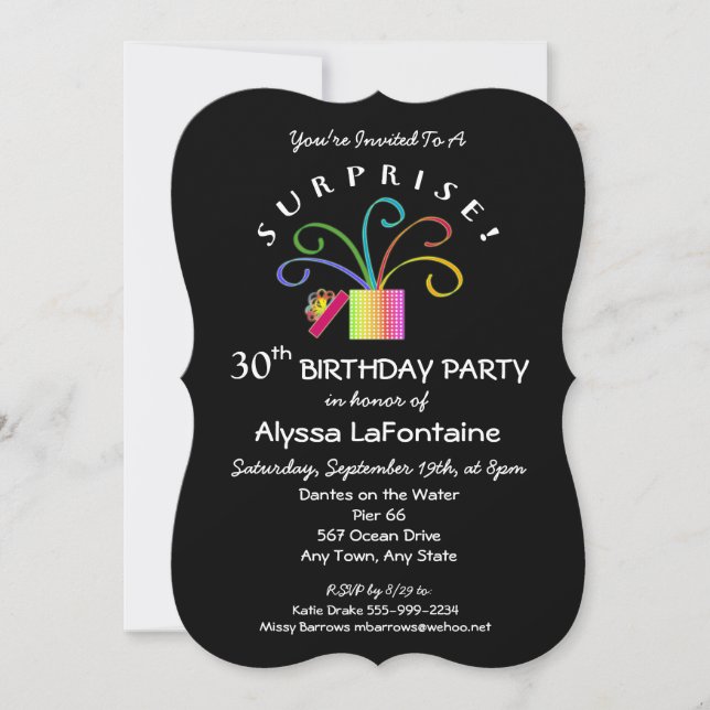 Invitación ¡SORPRESA! 30 o cualquier fiesta de cumpleaños neg (Anverso)