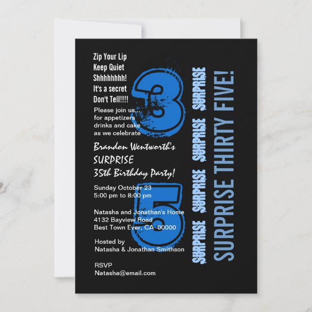 Invitación SORPRESA 35º cumpleaños moderno azul y negro (Anverso)