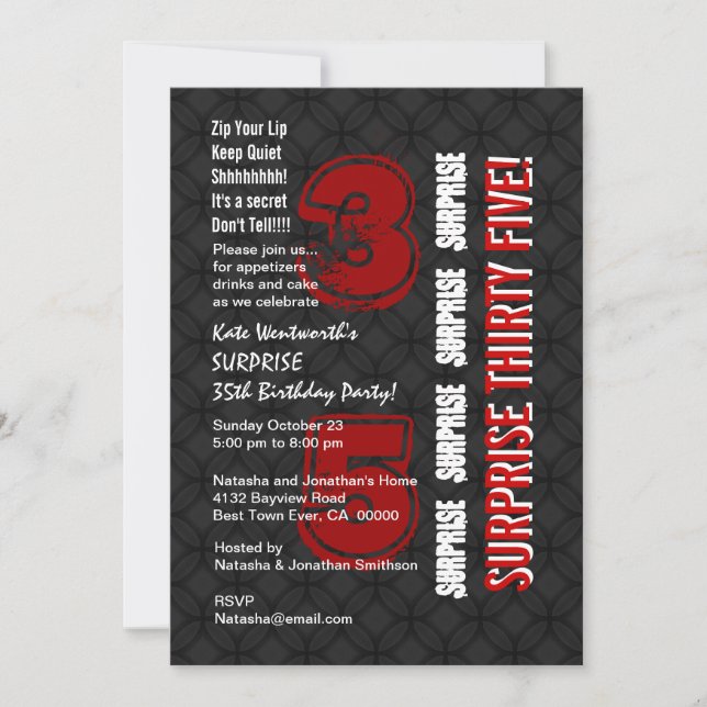 Invitación SORPRESA 35º cumpleaños moderno rojo negro G541 (Anverso)
