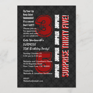 Invitación SORPRESA 35º cumpleaños moderno rojo negro G541