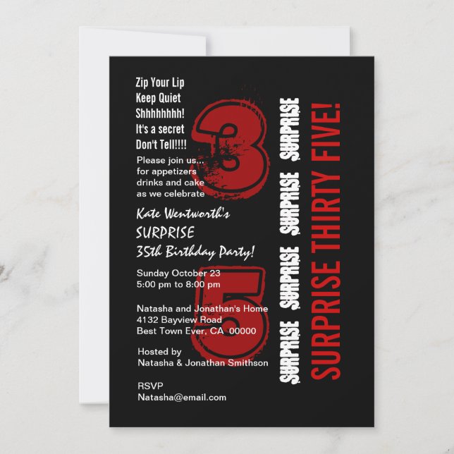 Invitación SORPRESA 35º cumpleaños moderno rojo negro y blanc (Anverso)