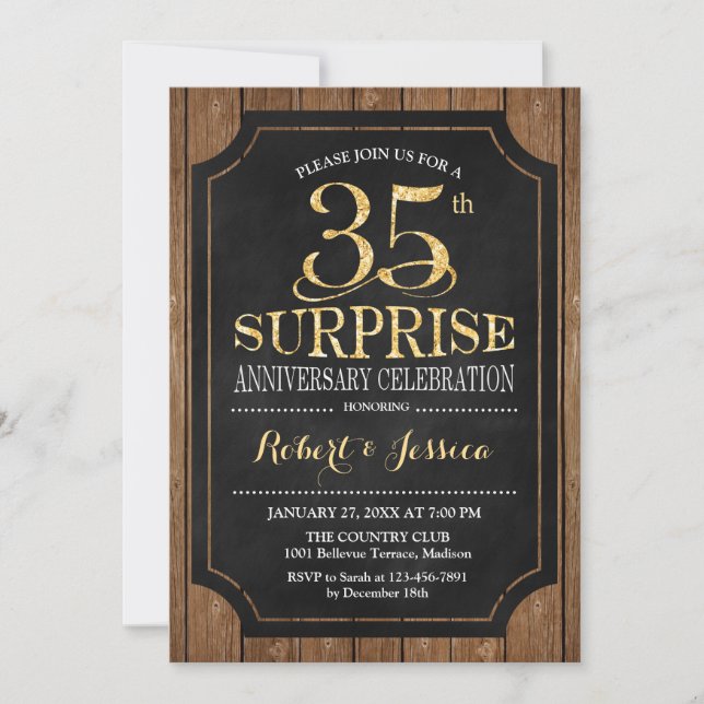 Invitación Sorpresa 35 Aniversario de Boda - Madera Dorada (Anverso)