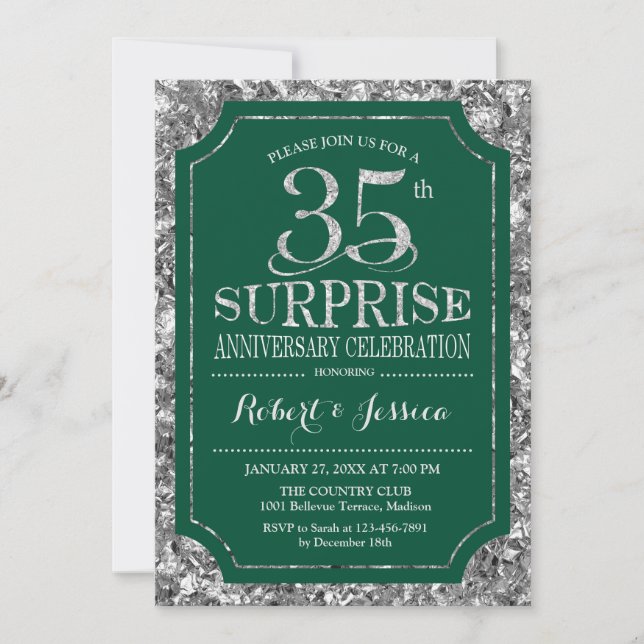 Invitación Sorpresa 35 Aniversario de Boda - Verde Plateado (Anverso)