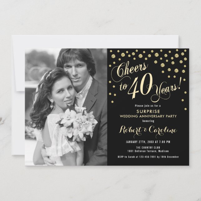 Invitación Sorpresa 40º aniversario con foto - Negro de oro (Anverso)