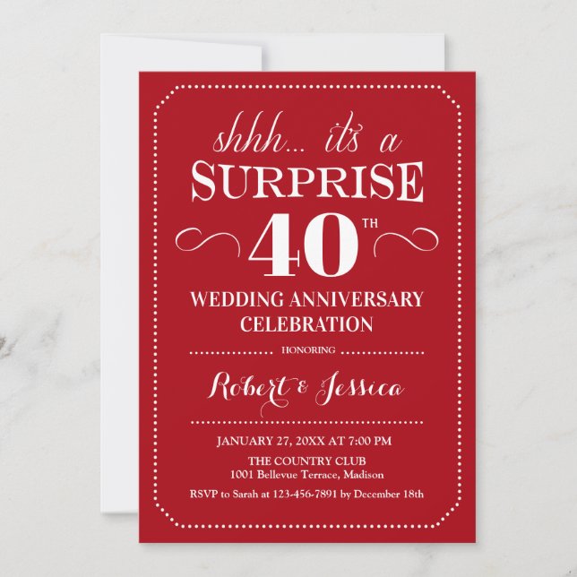 Invitación Sorpresa 40º Aniversario de Boda - Rojo Rubí (Anverso)