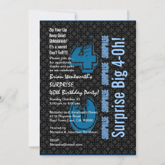 Invitación SORPRESA 40º cumpleaños moderno azul blanco negro