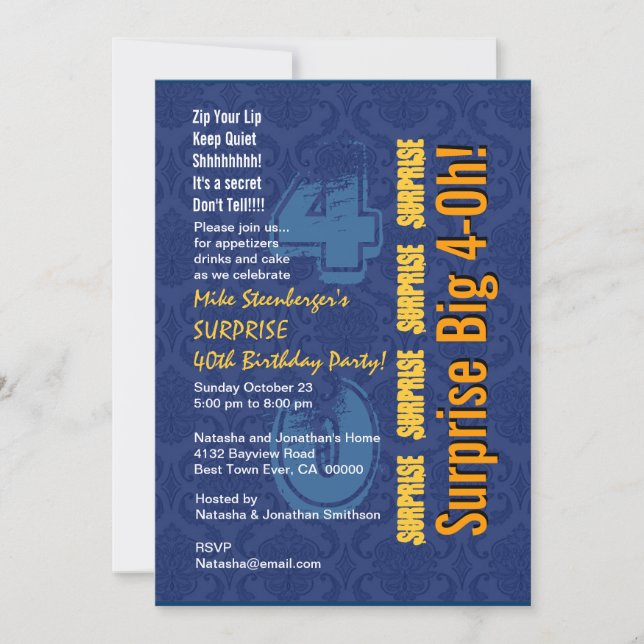 Invitación SORPRESA 40º cumpleaños moderno Azul y oro R431 (Anverso)
