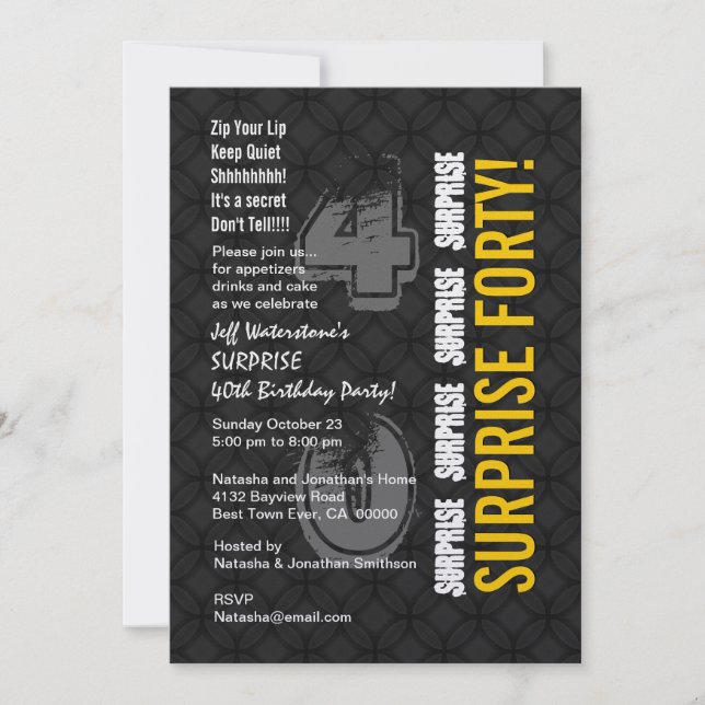Invitación SORPRESA 40º cumpleaños moderno negro y oro V001 (Anverso)