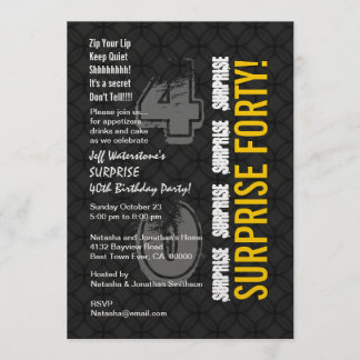 Invitación SORPRESA 40º cumpleaños moderno negro y oro V001