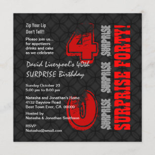 Invitación SORPRESA 40º cumpleaños moderno rojo negro W588