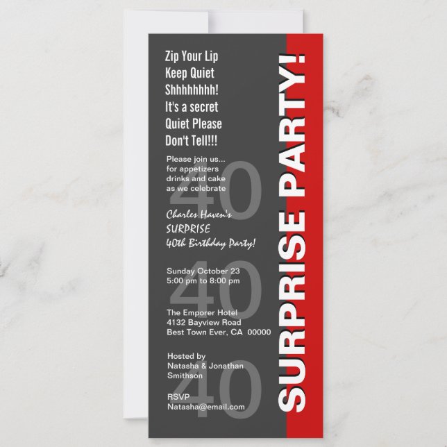 Invitación SORPRESA 40º Fiesta de cumpleaños rojo moderno V3 (Anverso)