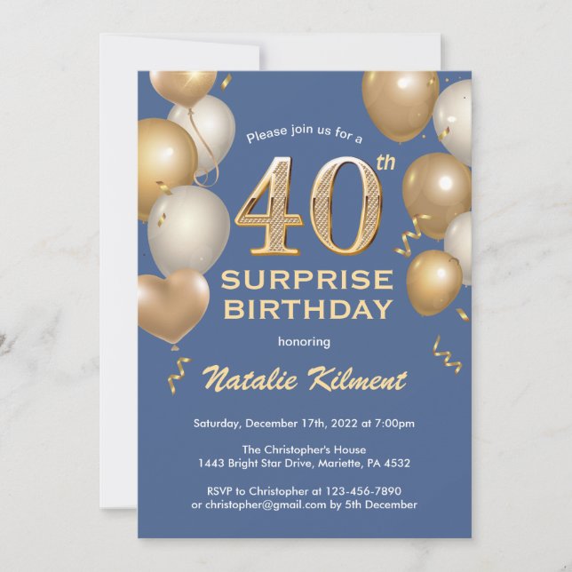 Invitación Sorpresa 40.º Balón Azul y Oro de cumpleaños (Anverso)