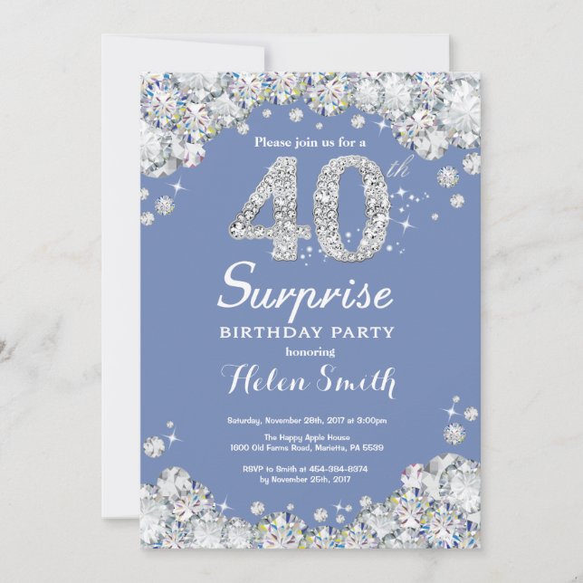 Invitación Sorpresa 40.º cumpleaños Diamante de plata azul (Anverso)