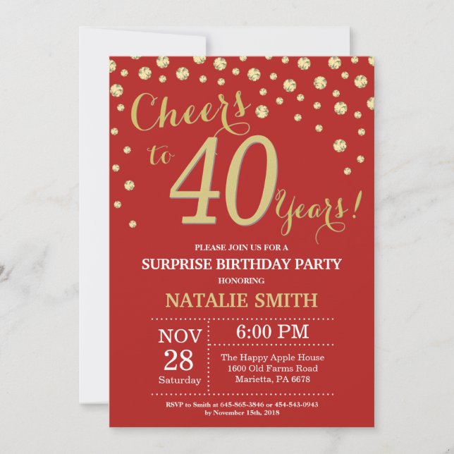 Invitación Sorpresa 40.º cumpleaños Diamante Rojo y Oro (Anverso)