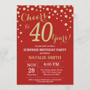 Invitación Sorpresa 40.º cumpleaños Diamante Rojo y Oro