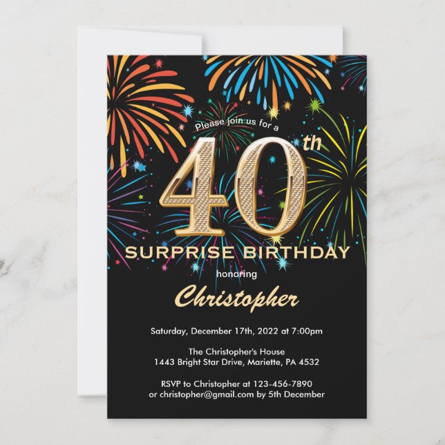 Invitación Sorpresa 40.º cumpleaños: Fuego de arcoiris de oro (Anverso)