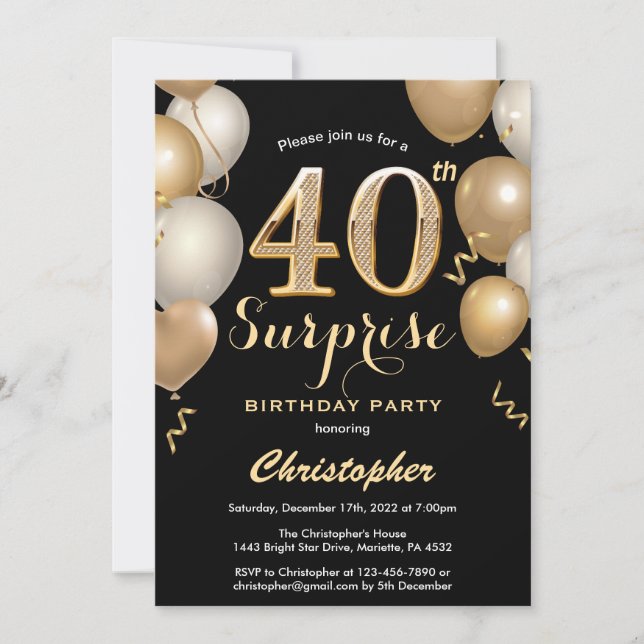Invitación Sorpresa 40.º cumpleaños Globos de oro y negro (Anverso)