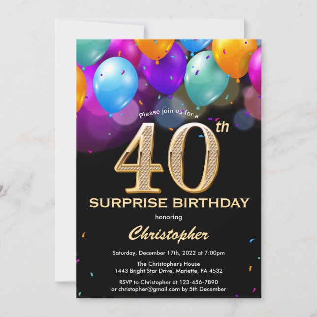 Invitación Sorpresa 40.º cumpleaños Globos de oro y negro (Anverso)