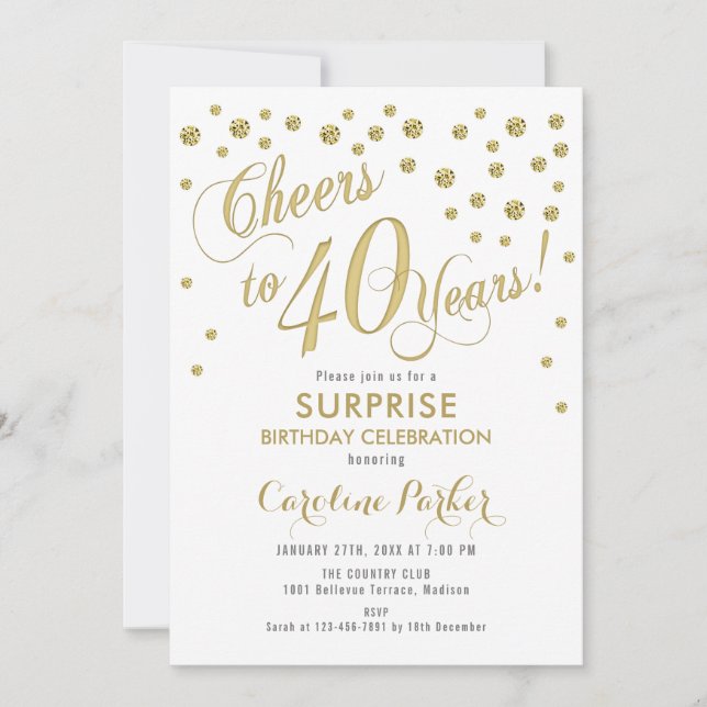 Invitación Sorpresa 40.º Fiesta de cumpleaños - Blanco de oro (Anverso)