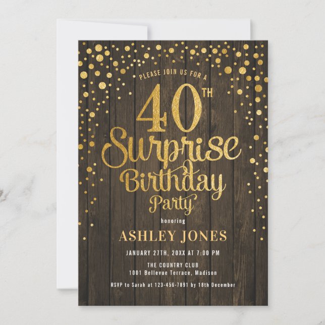 Invitación Sorpresa 40.º Fiesta de cumpleaños - Madera y oro (Anverso)