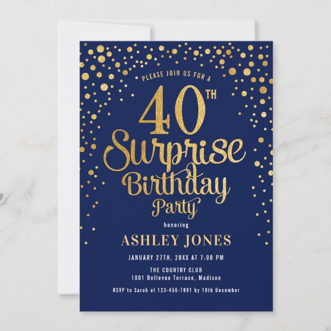 Invitación Sorpresa 40.º Fiesta de cumpleaños - Marina y Oro (Anverso)