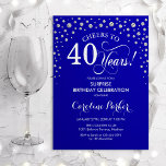 Invitación Sorpresa 40.º Fiesta de cumpleaños - Plata azul re<br><div class="desc">Sorpresa 40.ª Invitación a la fiesta de cumpleaños. Elegante diseño en azul real y purpurina falso plateado. Presenta el tipo de letra de guión y los diamantes confetti. ¡Salud a 40 años! Mándame un mensaje si necesitas más personalización.</div>
