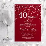 Invitación Sorpresa 40.º Fiesta de cumpleaños - Plata roja<br><div class="desc">Sorpresa 40.ª Invitación a la fiesta de cumpleaños. Elegante diseño en rojo oscuro y purpurina falso plateado. Presenta el tipo de letra de guión y los diamantes confetti. ¡Salud a 40 años! Mándame un mensaje si necesitas más personalización.</div>