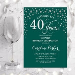 Invitación Sorpresa 40.º Fiesta de cumpleaños - Plata verde<br><div class="desc">Sorpresa 40.ª Invitación a la fiesta de cumpleaños. Elegante diseño en verde esmeralda y falsa plata purpurina. Presenta el tipo de letra de guión y los diamantes confetti. ¡Salud a 40 años! Mándame un mensaje si necesitas más personalización.</div>