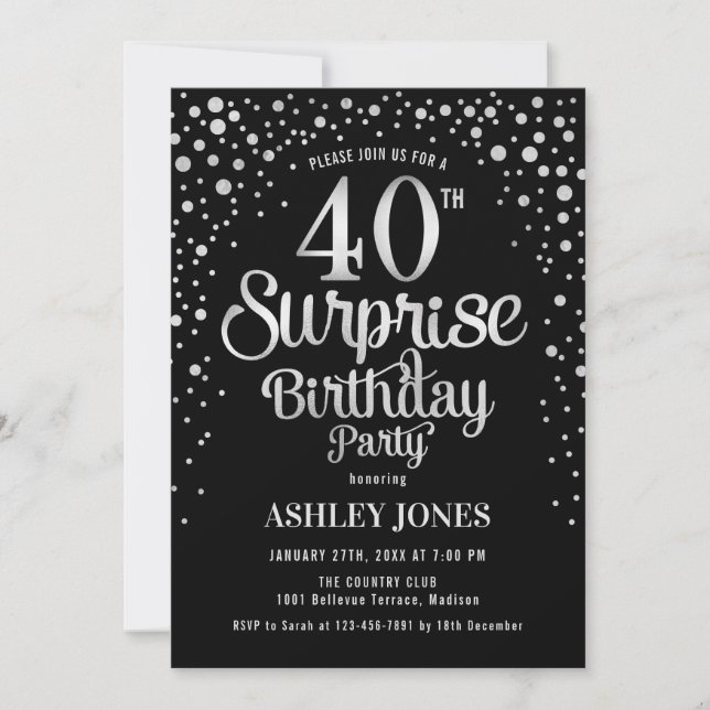 Invitación Sorpresa 40.º Fiesta de cumpleaños - Plata y Negro (Anverso)