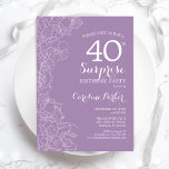 Invitación Sorpresa 40.º Fiesta de cumpleaños - Purple Floral<br><div class="desc">Sorpresa Morado Floral 40ª Invitación de fiesta de cumpleaños. Diseño moderno minimalista con acentos botánicos y tipo de letra de escritura tipográfica. Tarjeta de invitación femenina simple perfecta para una elegante celebración de cumpleaños sorpresa femenina. Se puede personalizar a cualquier edad.</div>