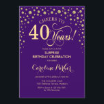 Invitación Sorpresa 40.º Fiesta de cumpleaños - Purple Gold<br><div class="desc">Sorpresa 40.ª Invitación a la fiesta de cumpleaños. Elegante diseño de color púrpura real y oro falso purpurina. Presenta el tipo de letra de guión y los diamantes confetti. ¡Salud a 40 años! Mándame un mensaje si necesitas más personalización.</div>