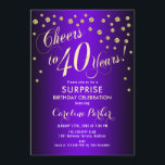 Invitación Sorpresa 40.º Fiesta de cumpleaños - Púrpura dorad<br><div class="desc">Sorpresa 40.ª Invitación a la fiesta de cumpleaños. Elegante diseño con un falso oro purpurina y morado. Presenta el tipo de letra del guión y el perfil. ¡Salud a 40 años! Mándame un mensaje si necesitas una edad personalizado.</div>