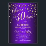 Invitación Sorpresa 40.º Fiesta de cumpleaños - Púrpura dorad<br><div class="desc">Sorpresa 40.ª Invitación a la fiesta de cumpleaños. Elegante diseño con un falso oro purpurina y morado. Presenta el tipo de letra del guión y el perfil. ¡Salud a 40 años! Mándame un mensaje si necesitas una edad personalizado.</div>